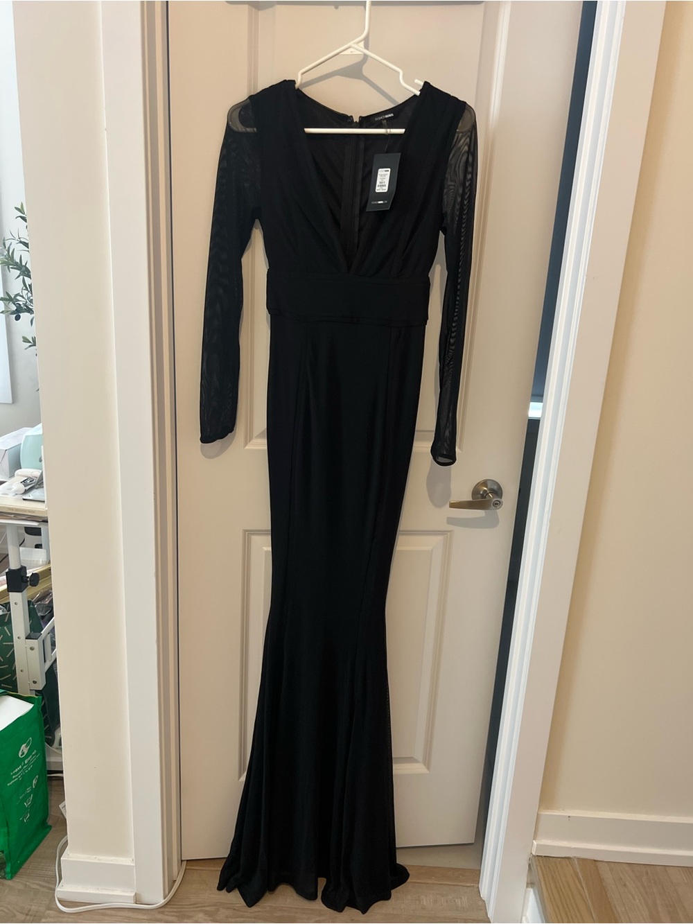Fashion Nova Black Long-Sleeve Mesh-Detail Maxi Dress